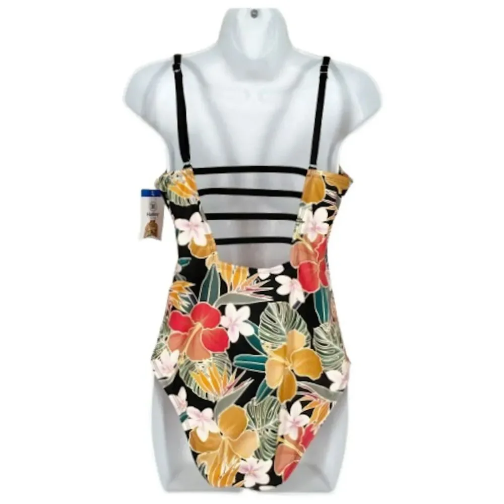 💐 NEW Hurley L One Piece Swimsuit Tropical Floral Coral Teal Gold Black NWT - Picture 7 of 13